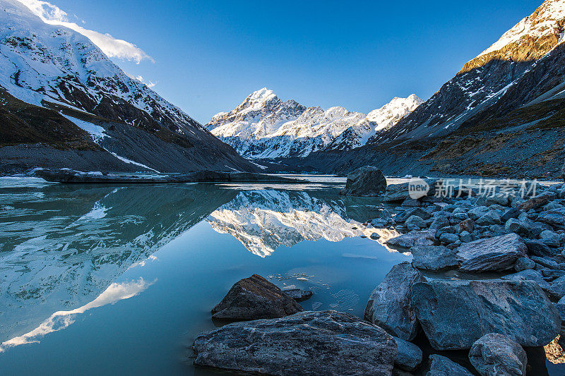 新西兰，日出时，冰雪覆盖的山脉映照在冰冻的湖面上