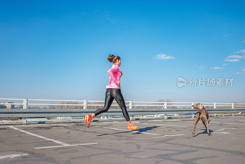 一个爱运动的女人在一个晴朗的早晨，在空荡荡的停车场上慢跑，她的狗在旁边玩耍