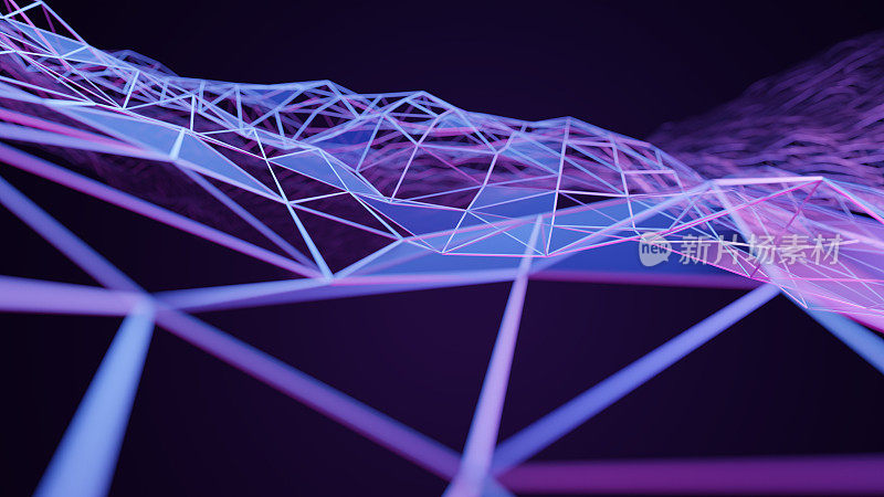网络安全技术与数字数据保护。网络连接，多边形和线条，深紫色，蓝色和粉红色。抽象的背景。