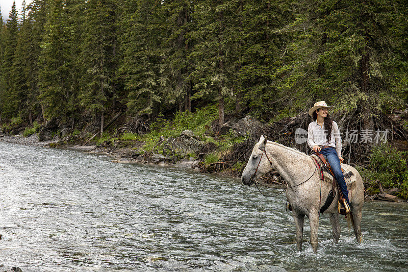女骑手牵着马过河