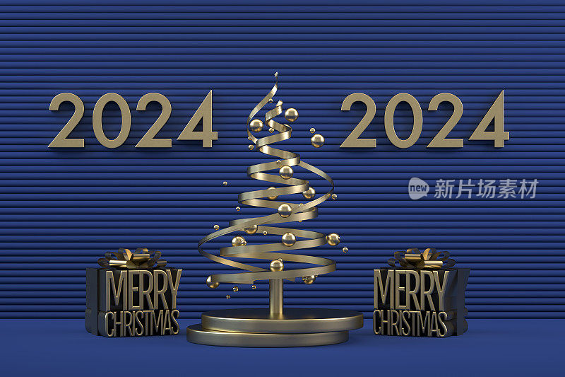 2024新年与圣诞树和装饰品蓝色背景