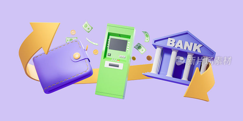 绿色飞行ATM机与钱包，银行和箭头在紫色的背景