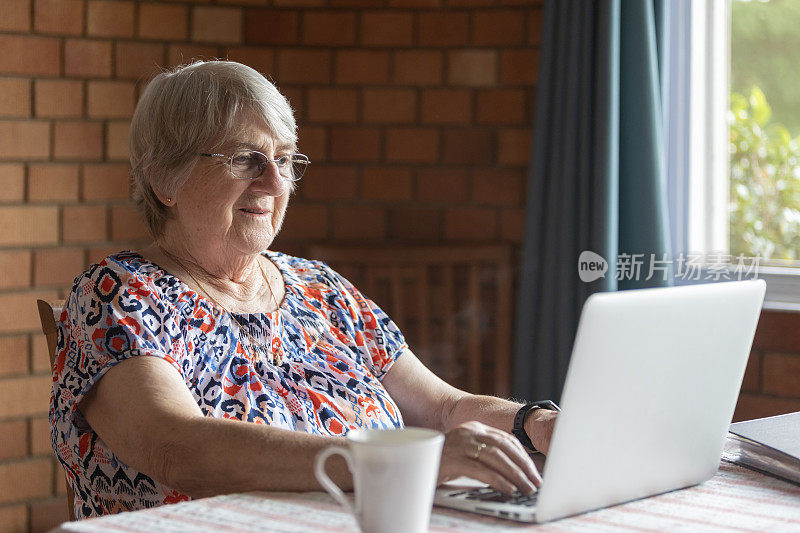 老妇人在家里用笔记本电脑