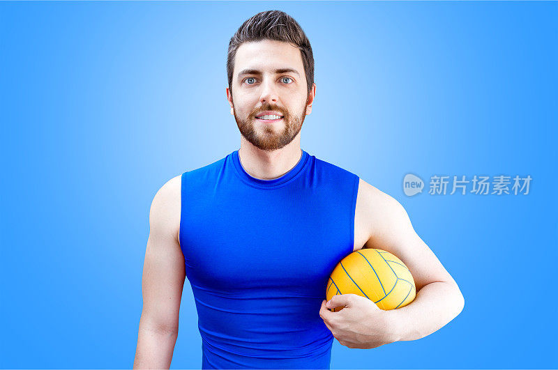 蓝色背景上穿蓝色队服的排球运动员