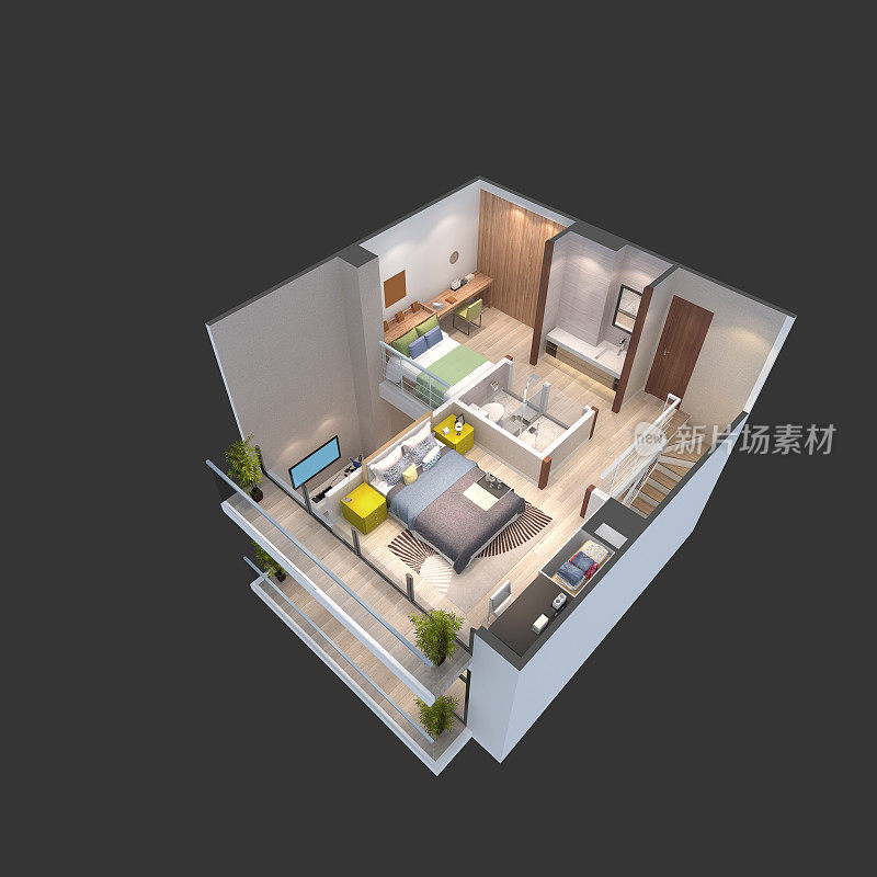 顶层公寓的等距视图的3d插图