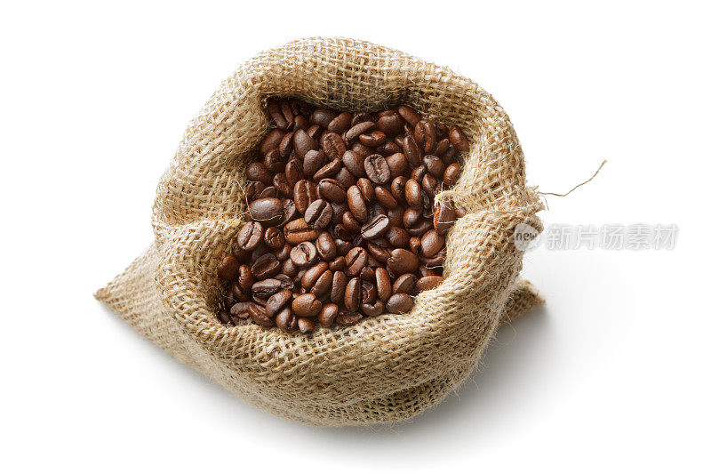 咖啡:白色背景上的袋中孤立的咖啡豆