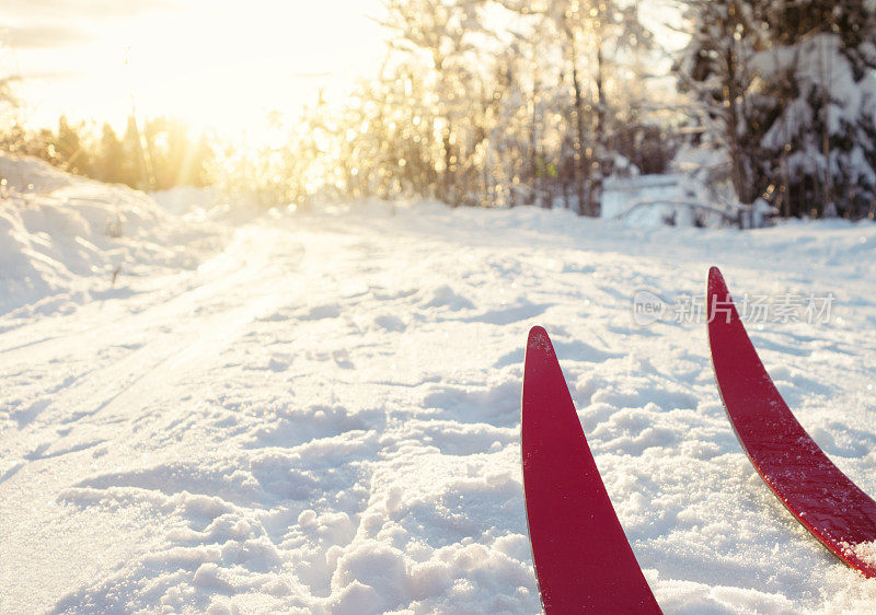 挪威奥斯陆的越野滑雪日落时分