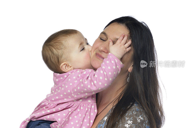 在白色背景下，婴儿对母亲表达爱意