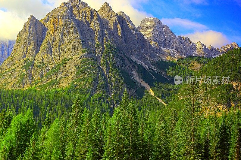 高山白云石绿色松树附近的科尔蒂纳日出，南泰洛