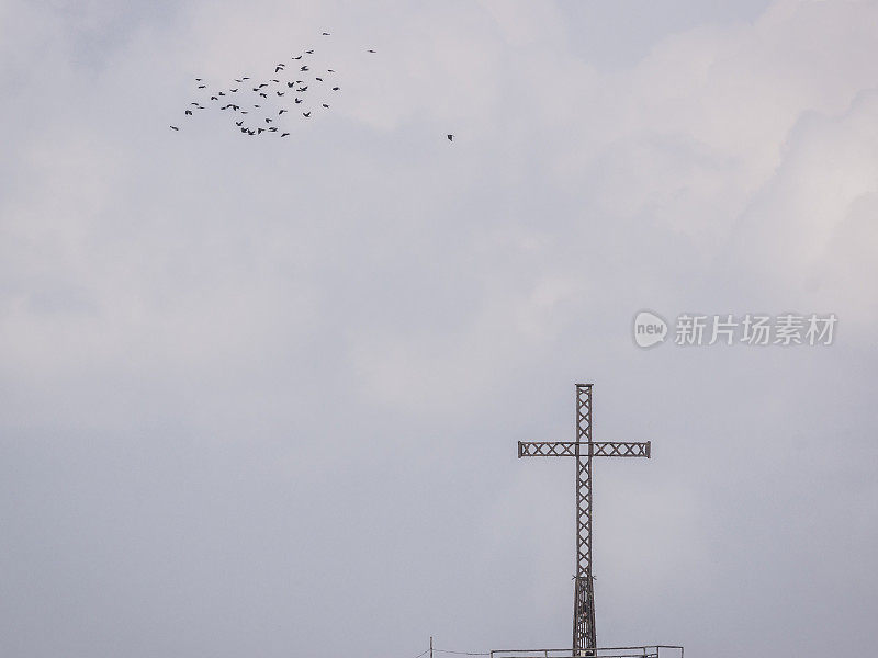 一群乌鸦飞过十字架