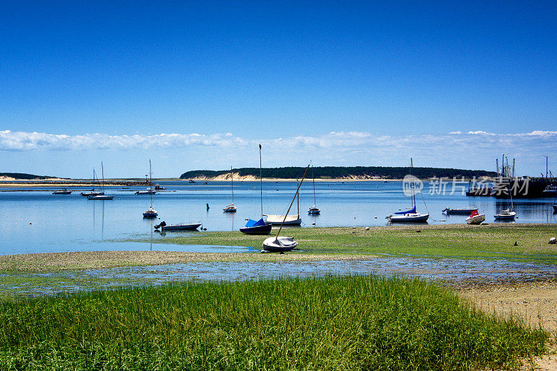 夏天的场景，沿着海岸线的船，鳕鱼角，新英格兰，美国