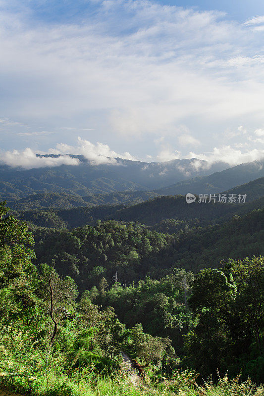 泰国北部风景。山、云、树。