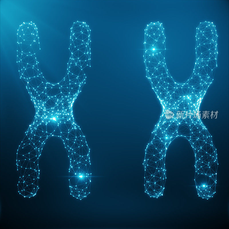 人类生物学中的染色体概念、医学符号、基因治疗或由多边形组成的微生物遗传学研究。低多边形插图由线，点和形状组成。3D渲染