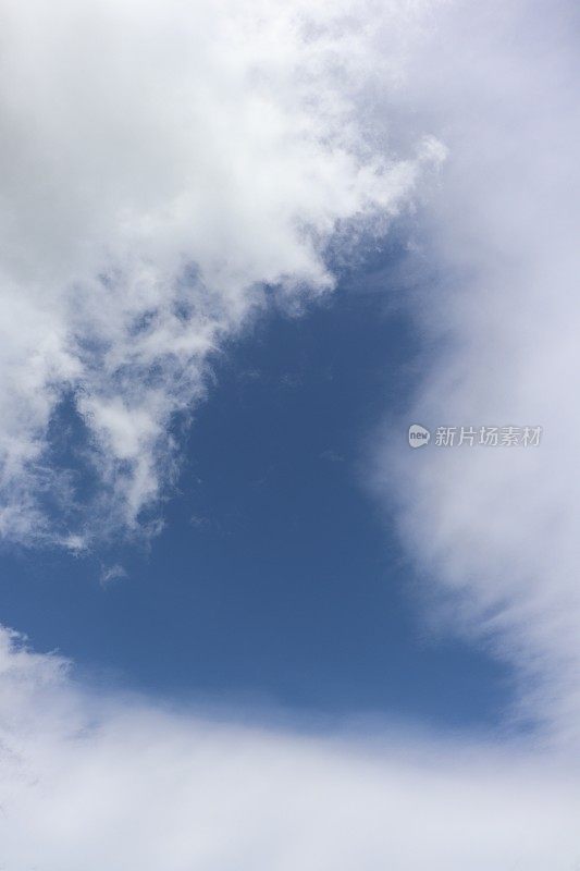 蓝色天空映衬着蓬松、缕缕白云的特写