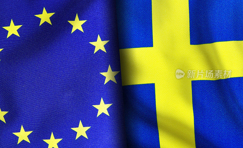 欧盟国旗和瑞典国旗并肩而立