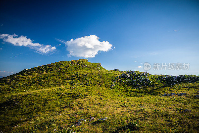 在艾因省的大哥伦比亚山的山顶上有美丽的绿色草地，背景是晴朗的蓝天和夏天的一些云