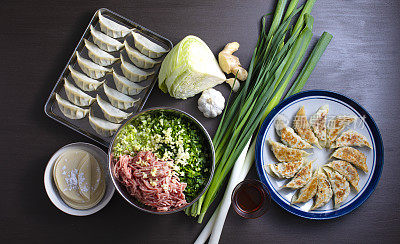 日式饺子。从上面看，饺子的食谱和配料制作饺子和烤饺子。