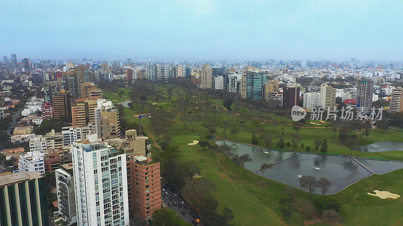 油画全景鸟瞰图圣伊西多罗地区在利马，秘鲁。