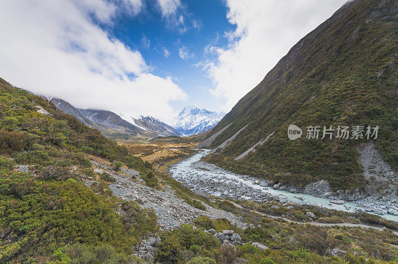 新西兰风景优美的库克山在夏季以新西兰南岛的自然景观为背景