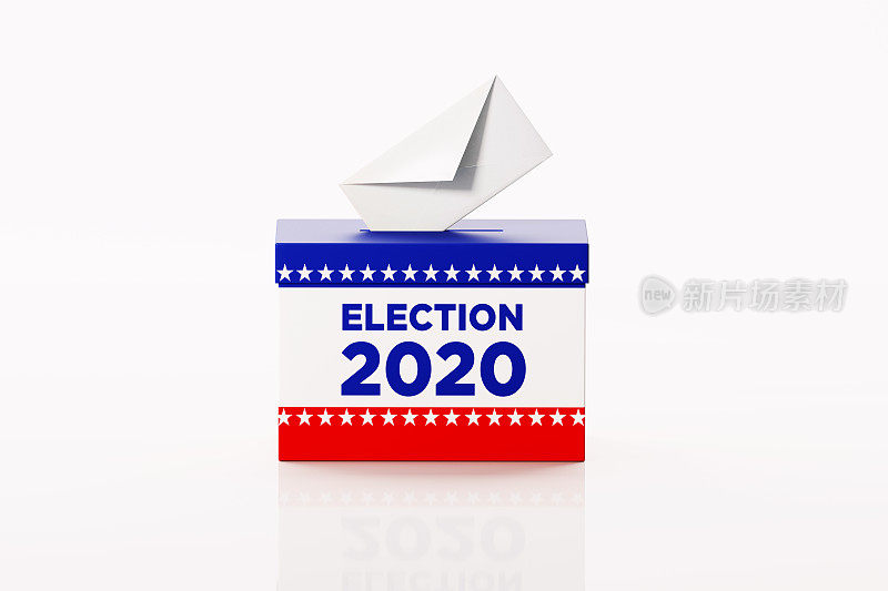 2020年大选:白色背景上的手写选票箱和白色信封