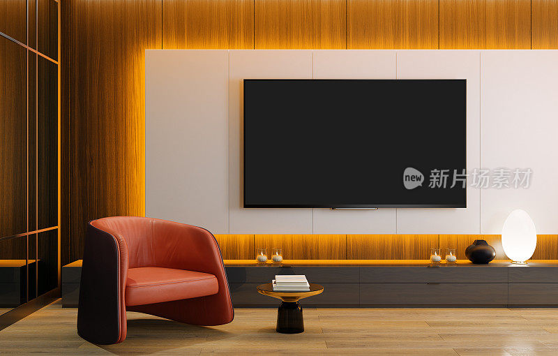8K电视房现代极简主义客厅与平板电视。电视后RGB黄橙色LED灯。