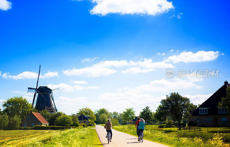 荷兰(弗里斯兰)一家三口骑着自行车路过风车