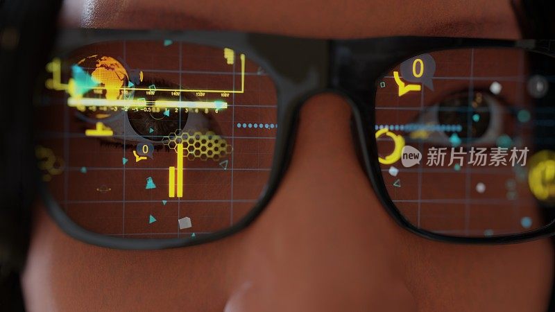 戴着现代眼镜的女人智能眼镜和现实概念与未来的屏幕。虚拟技术。近距离观察被统计数据和苹果分析所包围的眼睛