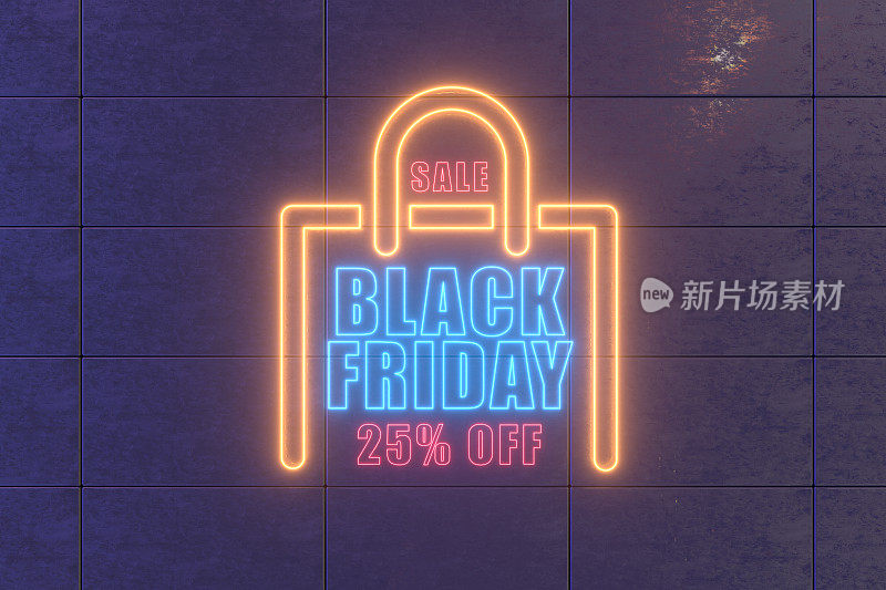 黑色星期五减价25%，购物袋，黑色方块墙上的霓虹灯标志
