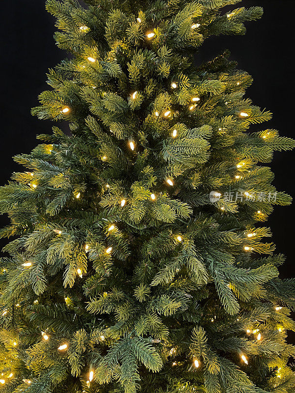 人造云杉圣诞树的图像，塑料针装饰着松果和白色的，发光的精灵灯，黑色的背景