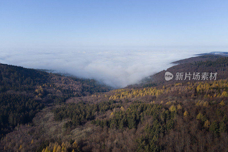 雾和阳光在秋天森林地区-陶诺斯山。鸟瞰图