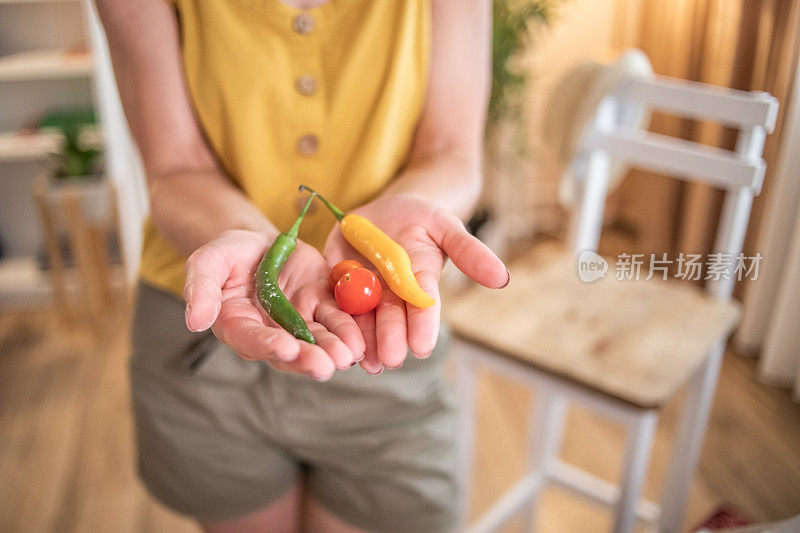 一位年轻女子正在家里准备披萨。网上食谱和食物准备。