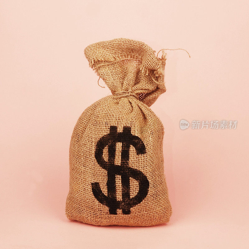 粗麻袋与美元符号钱袋。粉红色背景的麻袋上的美元标志。粉色背景上的货币金融财富概念