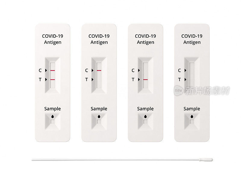 COVID-19快速检测3D图，显示各种可能的抗原存在结果，白色背景，夹心路径分离