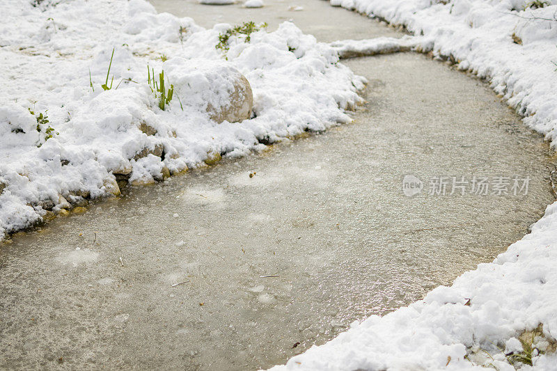 美丽的冬季公园，结冰的水覆盖着雪