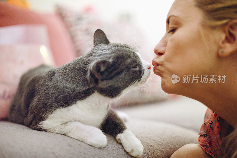 女宠物主人和猫接吻