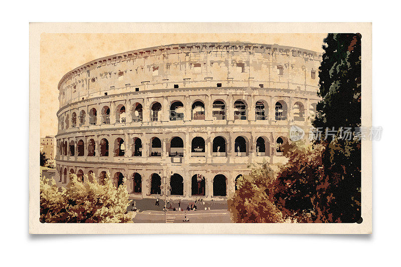 意大利罗马大剧场明信片上的复古画