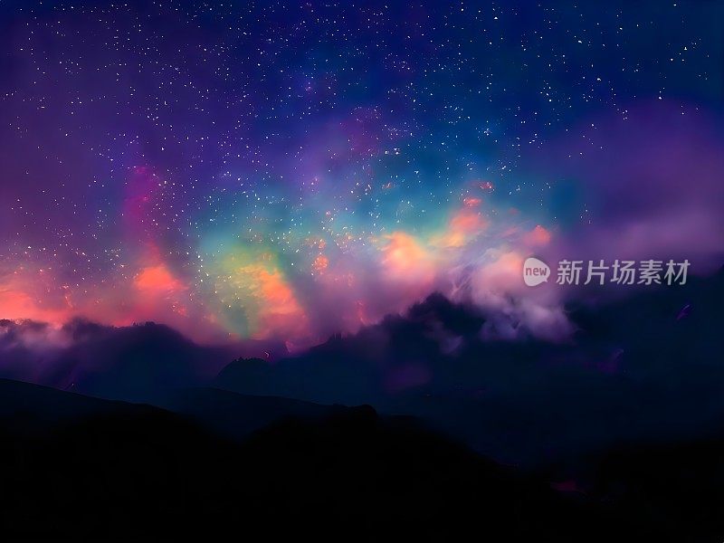 银河和粉红色的光在山上。晚上多彩的景观。布满星星的天空和山丘。美丽的宇宙。空间背景与星系。旅游的背景