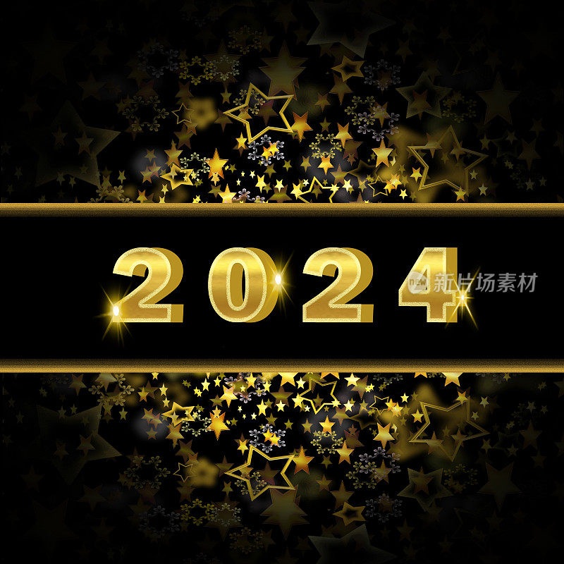 2024年新年快乐。金色和黑色的背景与星星形状和雪花。