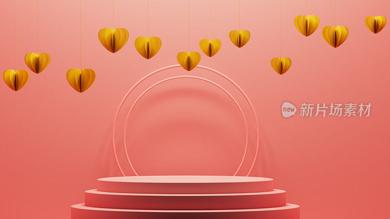三维插图的底座和粉红色的背景与心形和黄色的圆环装饰
