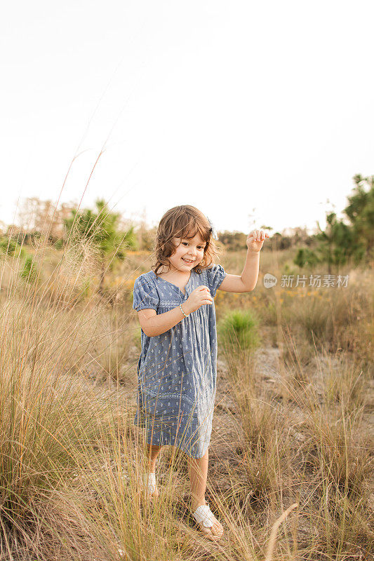 一个可爱的古巴裔美国3岁的小女孩，棕色卷发和棕色眼睛，穿着蓝色连衣裙和白色凉鞋，在佛罗里达州朱庇特农场的一个公园里，在一片黄色野花和干草中玩耍