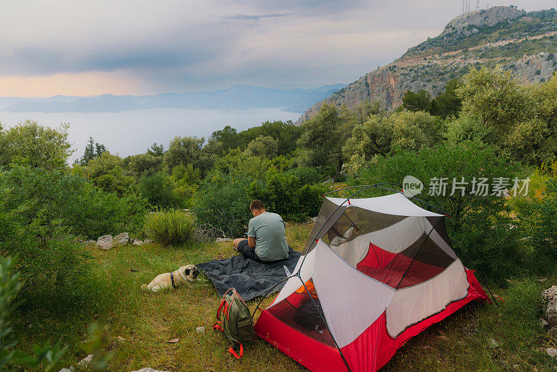 人与狗的后视图考虑日落露营与海景从上面