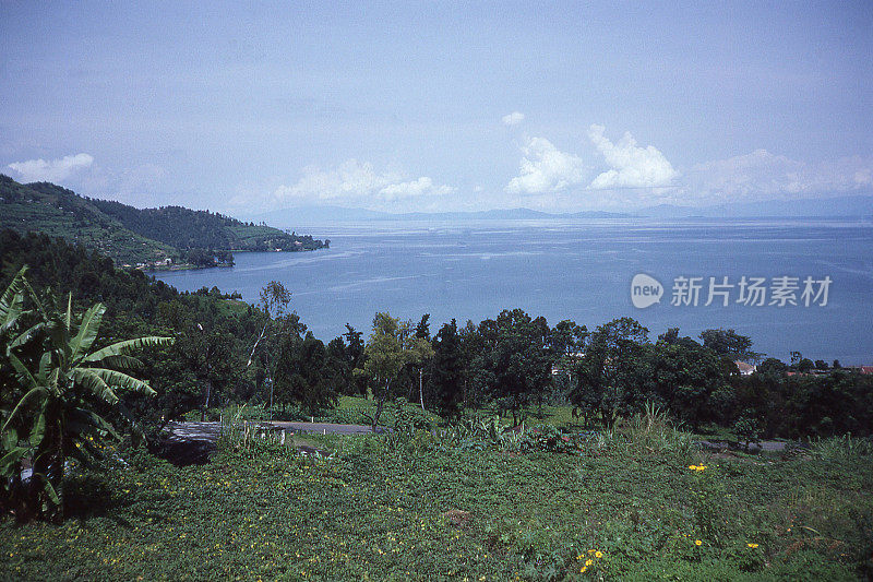 在卢旺达吉塞尼湖海岸线上观看山坡上的田野