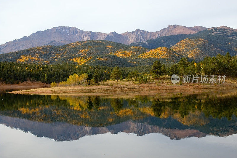 秋天的白杨在水晶溪水库派克峰