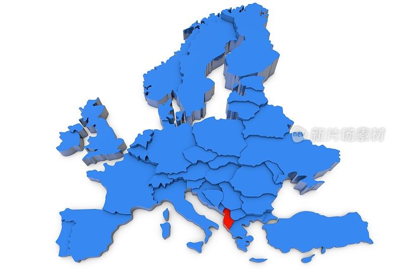 红色的阿尔巴尼亚是欧洲地图