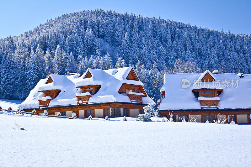 雪中的田园诗般的山间小屋
