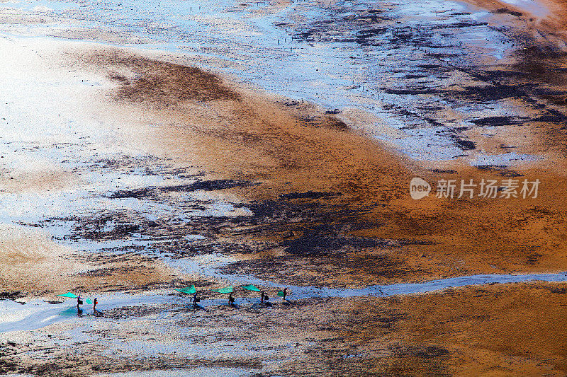 中国福建霞浦，渔民在艺术泥滩上捕鱼。