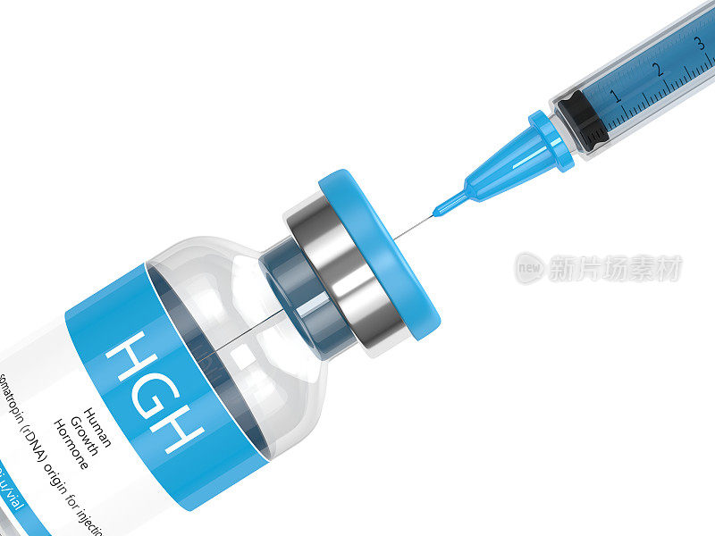 3d渲染HGH瓶与注射器在白色