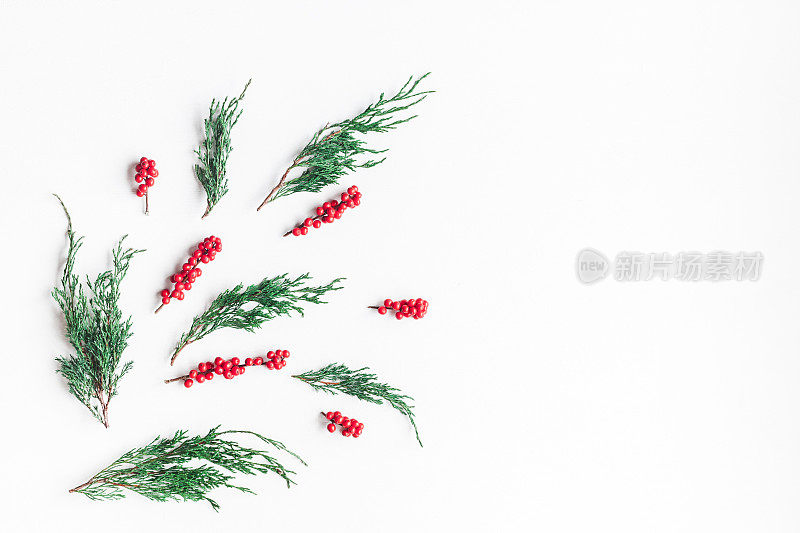 圣诞树的树枝和红色的浆果。平躺，俯视图