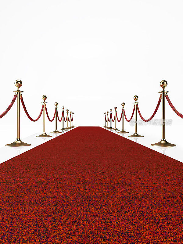 红地毯概念-红地毯和障碍绳索在白色的背景