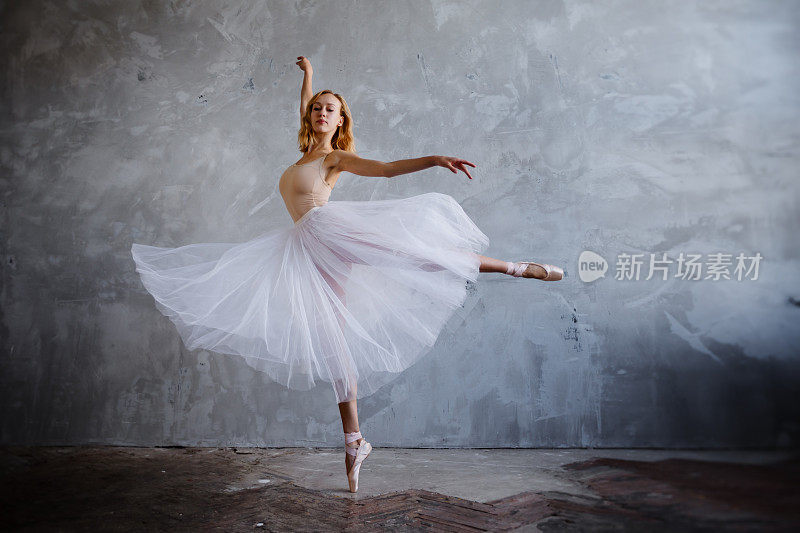年轻苗条的芭蕾舞演员在一个有大窗户的时尚工作室里摆姿势